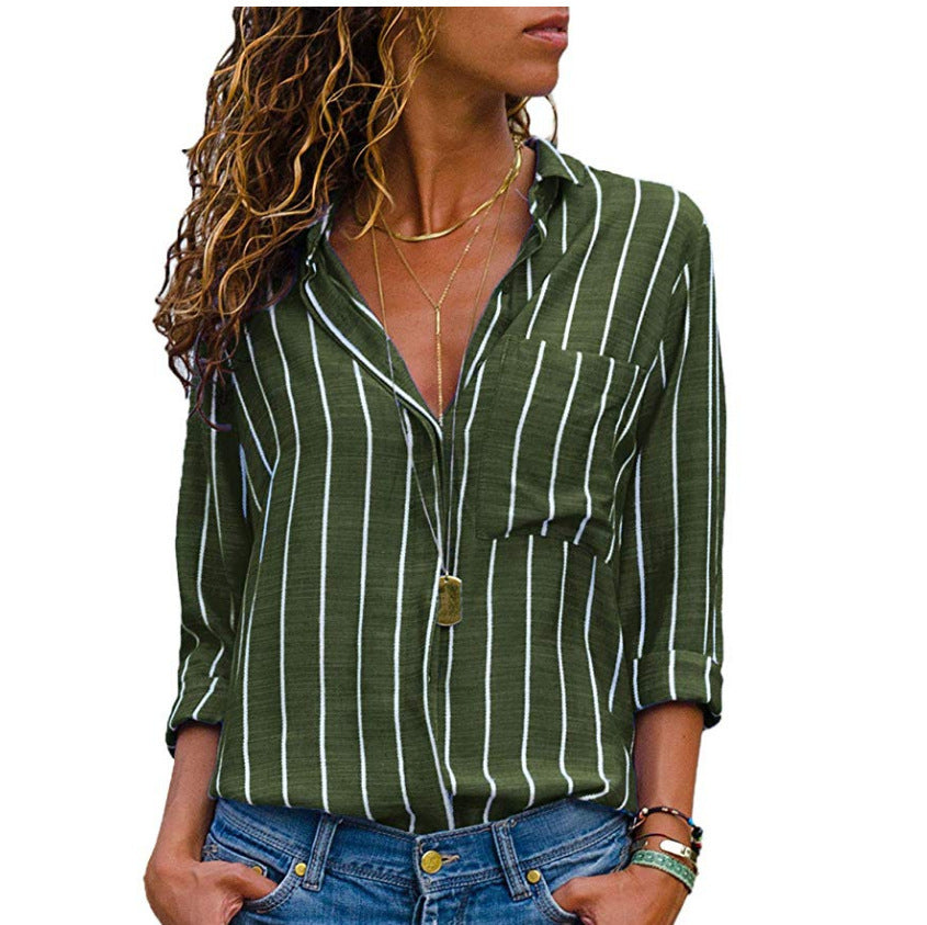 Women's Fashion Long-Sleeve Shirt – Multicolor Striped Casual Blouse