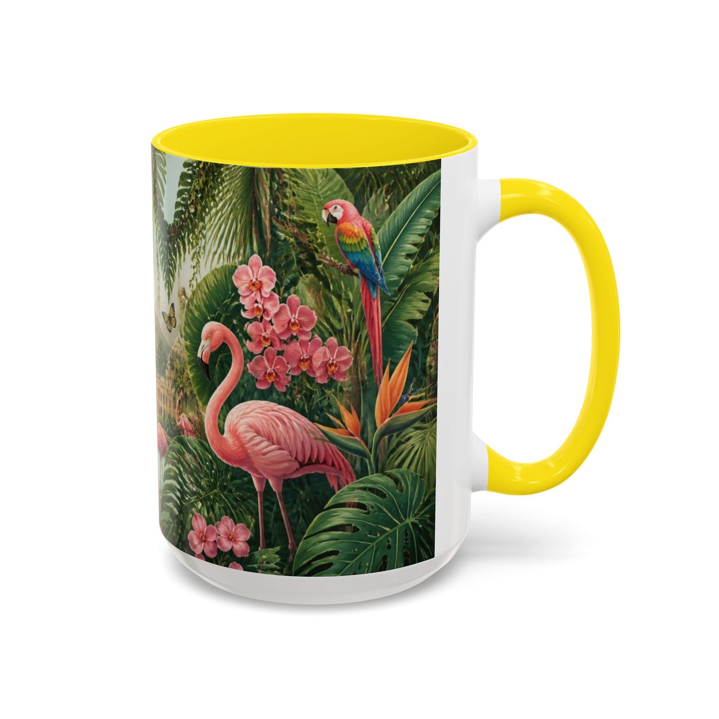 Tropical Flamingo Accent Mug — Colorful Parrot & Palm Coffee Cup