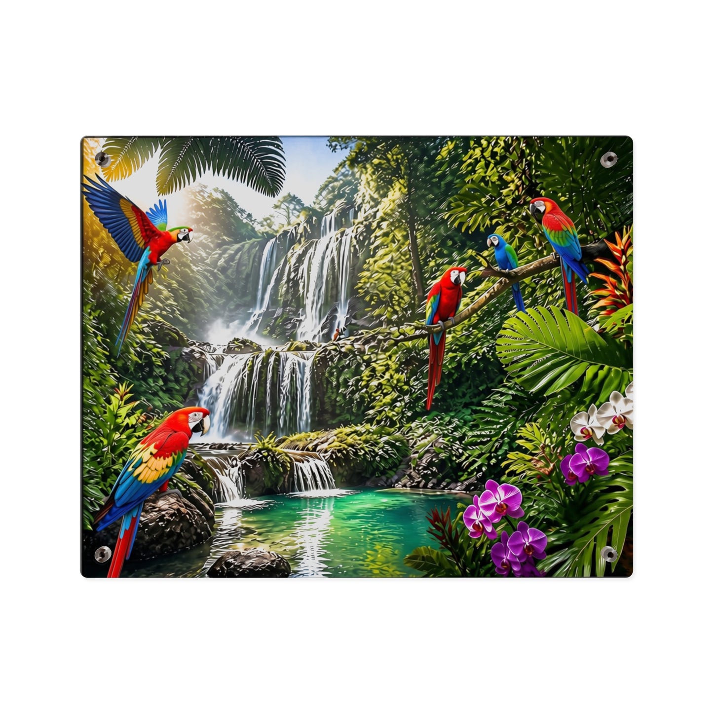 Tropical Waterfall Acrylic Wall Art Panel — Parrots & Jungle Oasis