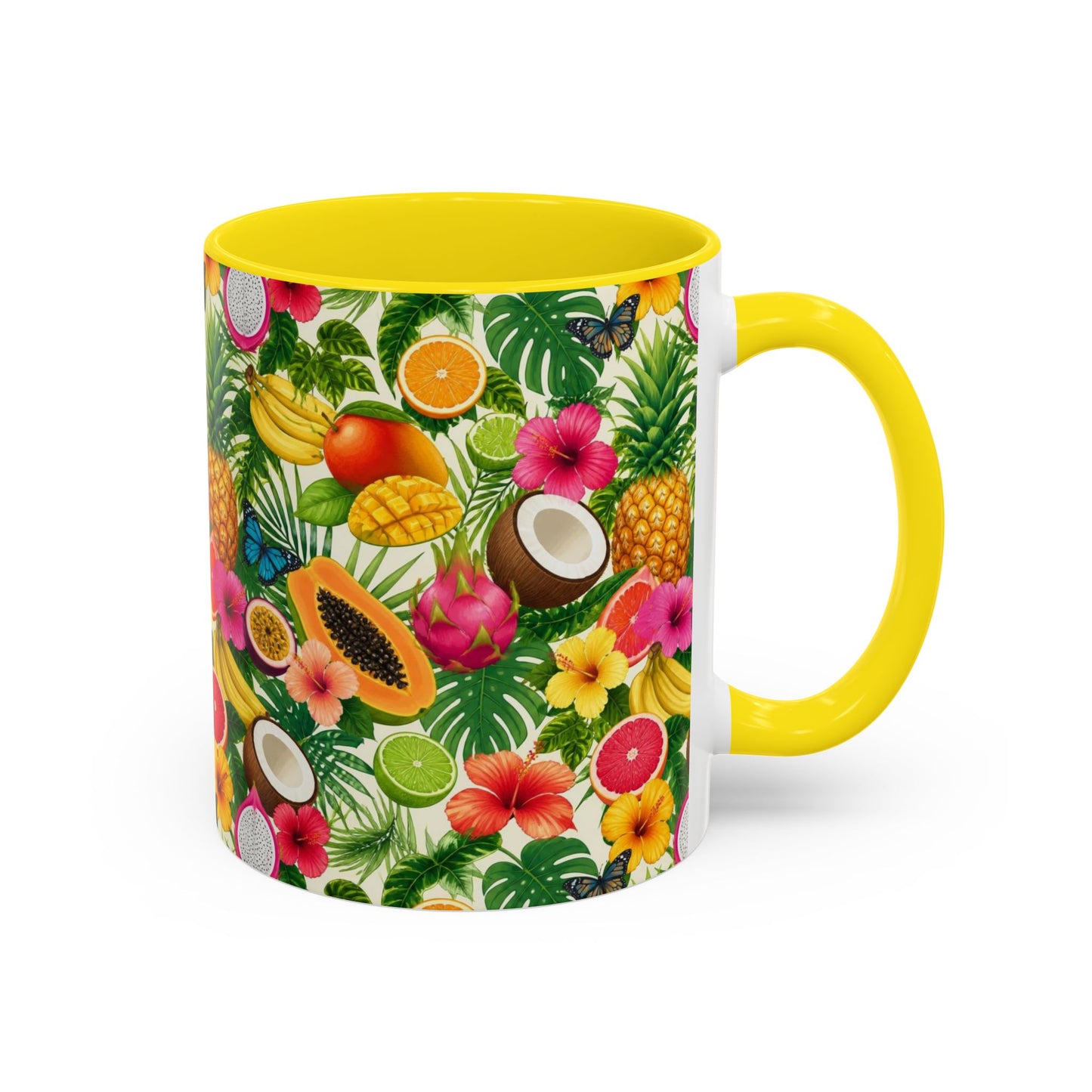 Tropical Fruit Coffee Mug — Colorful Pineapple & Hibiscus Accent Ceramic Mug (11/15oz)