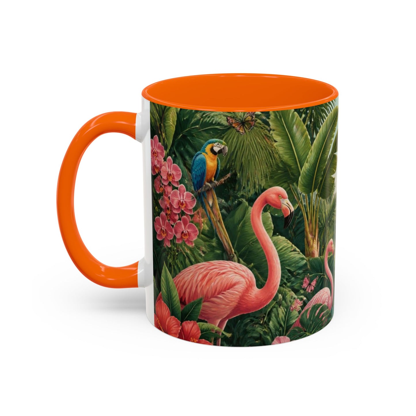 Tropical Flamingo Accent Mug — Colorful Parrot & Palm Coffee Cup