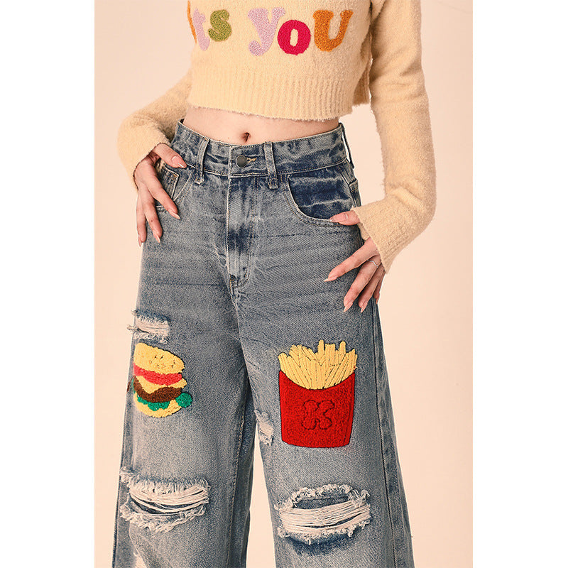 Women's Ripped Loose Fit Wide-Leg Jeans – Streetwear Oversized Denim Trousers