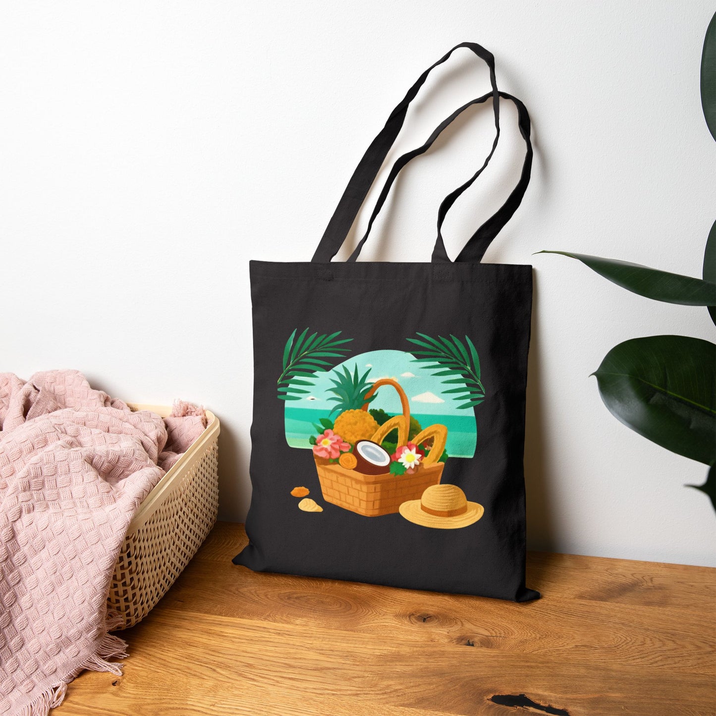 Beach Picnic Tote Bag – Tropical Straw Hat & Basket Canvas Shopper