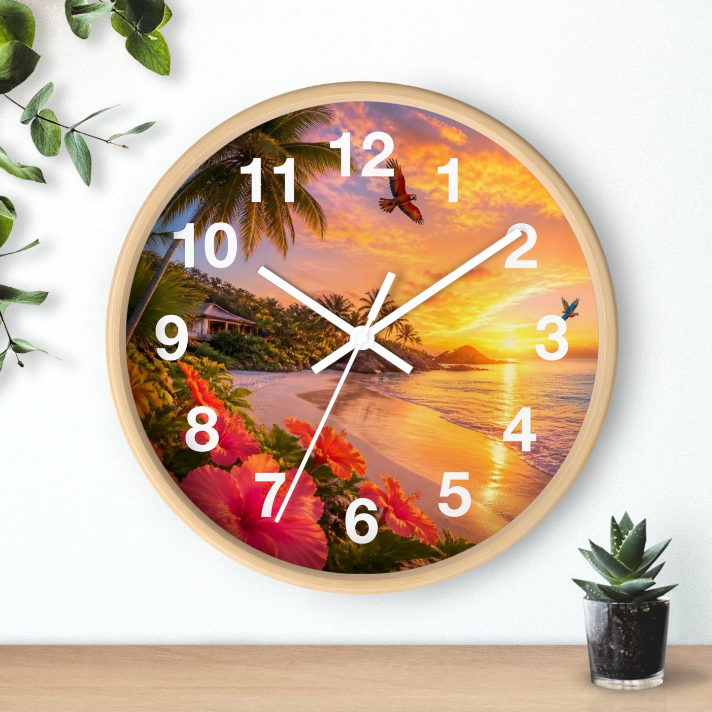 Tropical Sunset Wall Clock — Beachscape Clock with Hibiscus & Palm Design