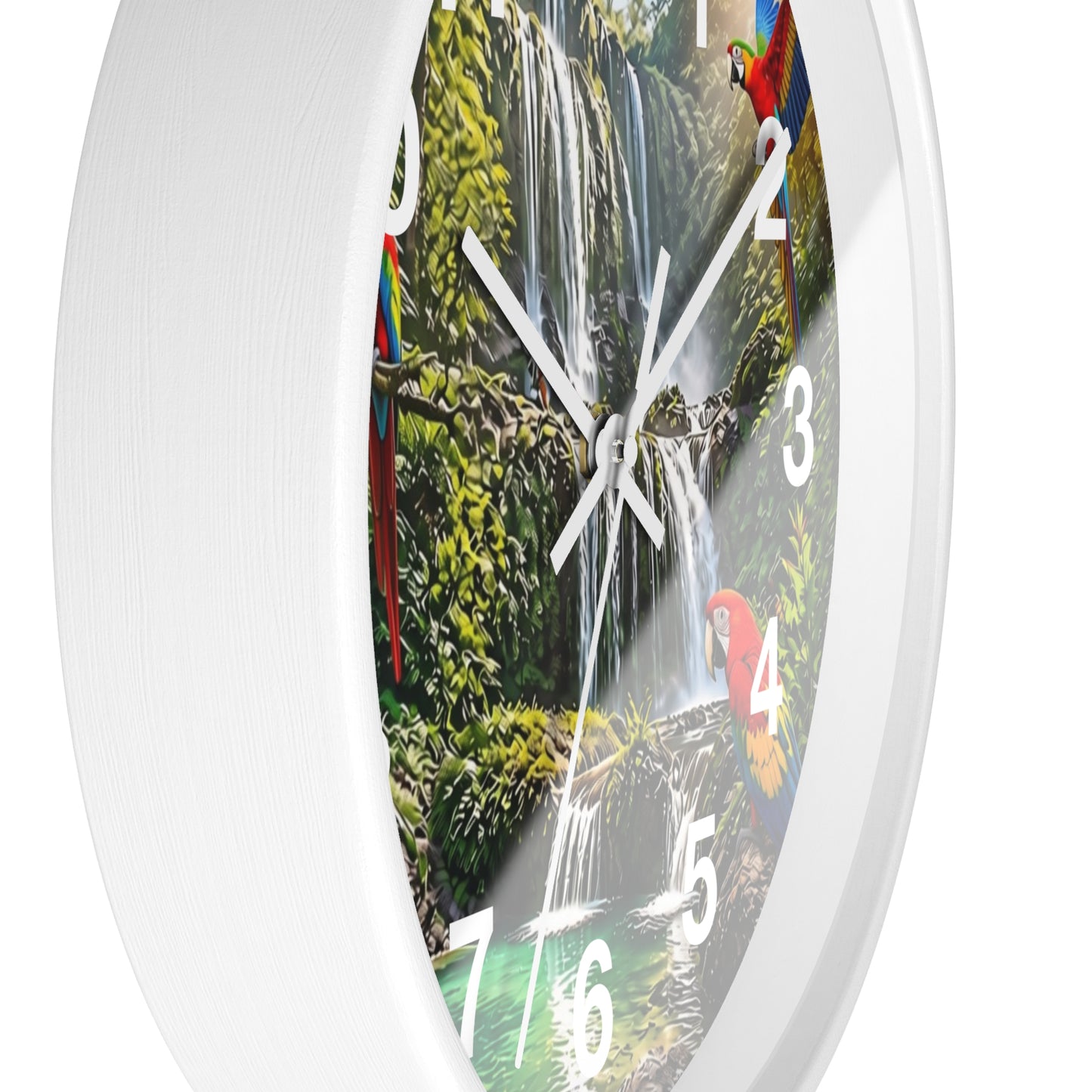 Tropical Waterfall Wall Clock with Colorful Parrots – Scenic Jungle Decor