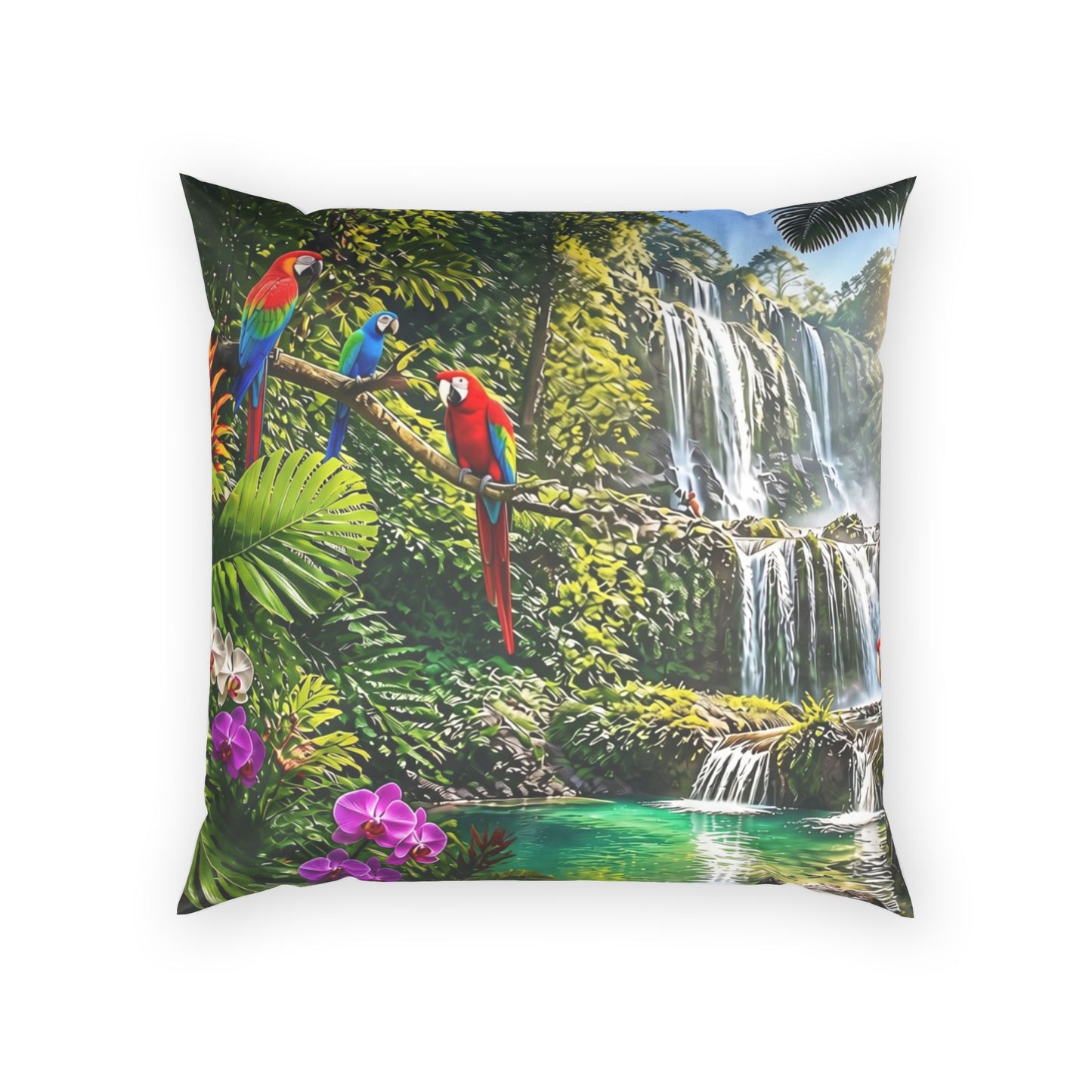 Tropical Waterfall Pillow - Velvet Parrot Paradise Throw Pillow