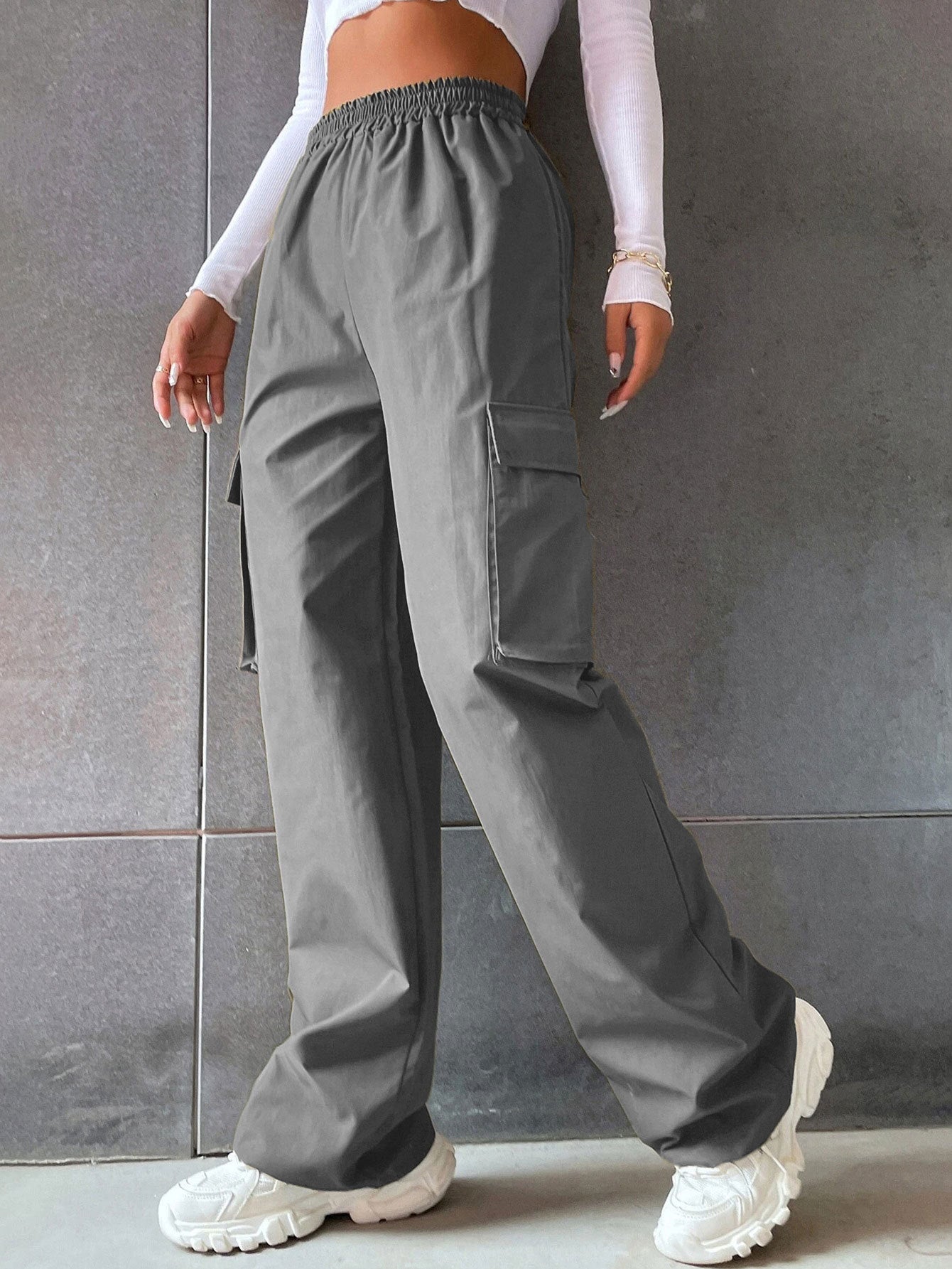 Women's High-Waist Utility Pocket Workwear Pants – Solid Color