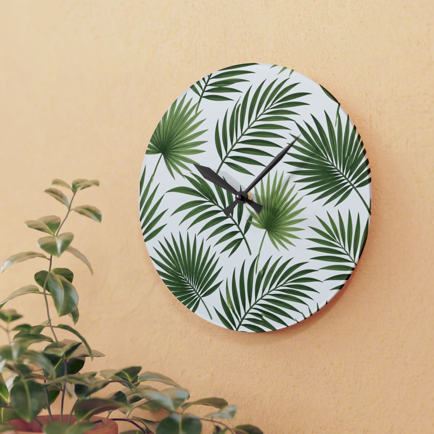 Tropical Palm Leaf Acrylic Wall Clock — Botanical Green Home Decor