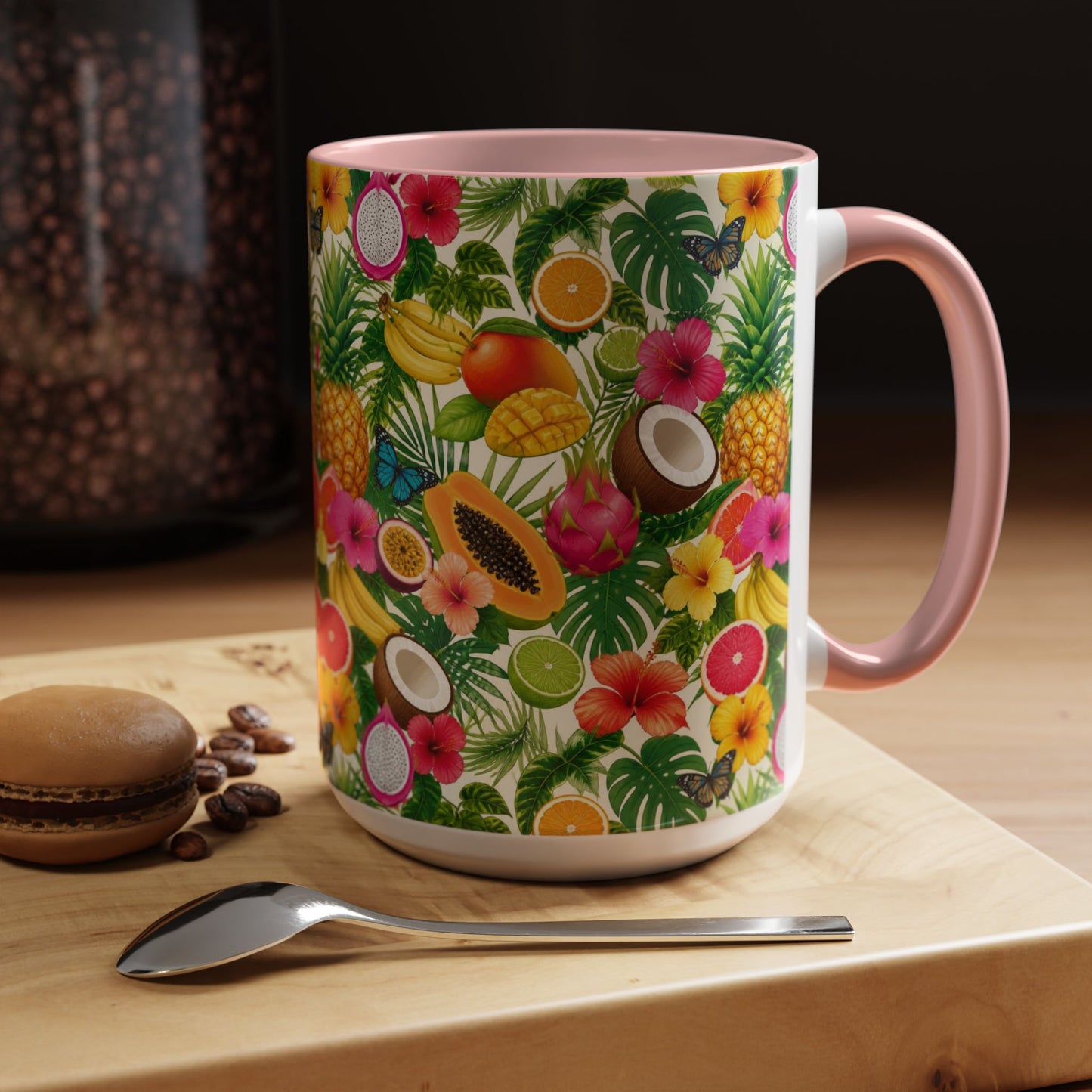 Tropical Fruit Coffee Mug — Colorful Pineapple & Hibiscus Accent Ceramic Mug (11/15oz)