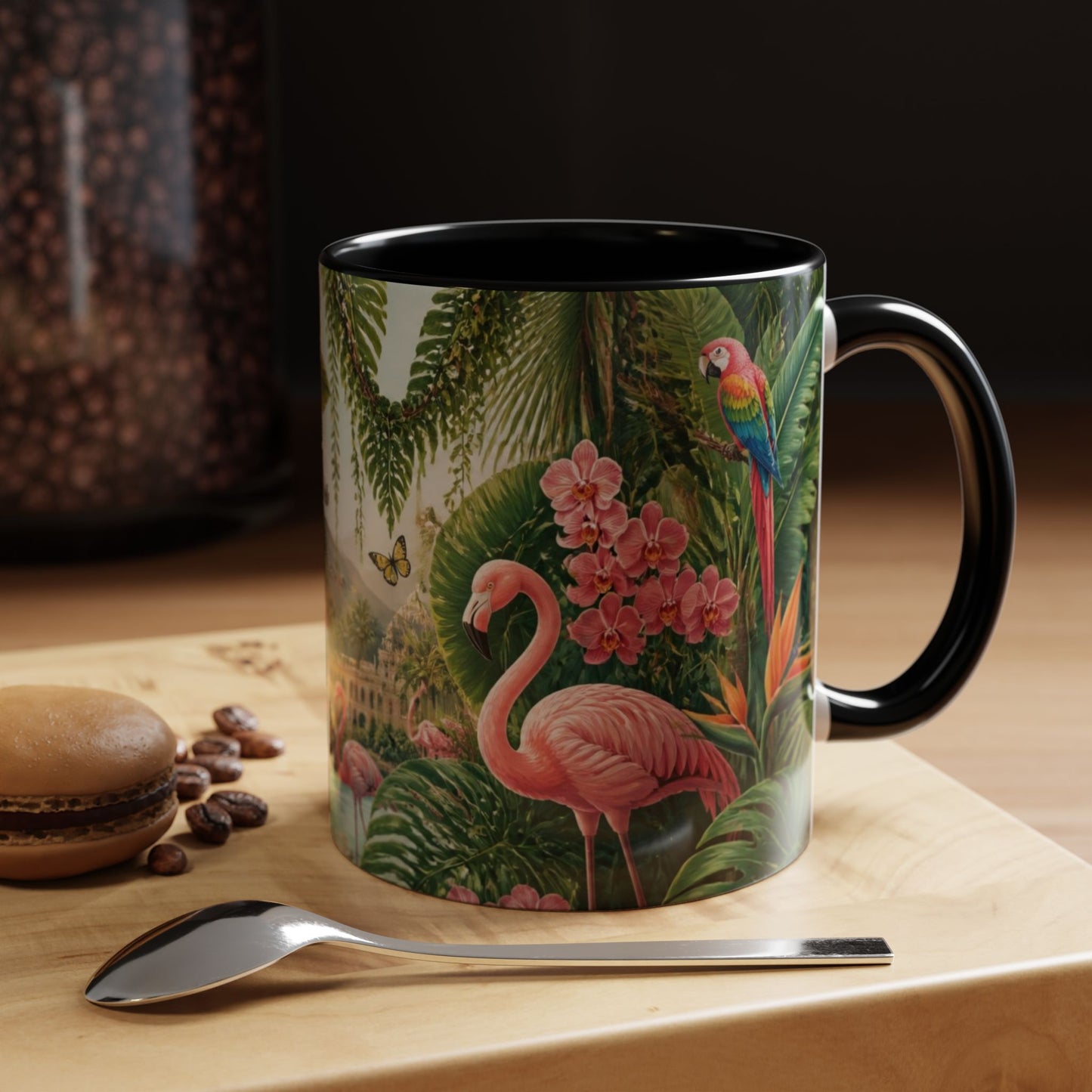 Tropical Flamingo Accent Mug — Colorful Parrot & Palm Coffee Cup