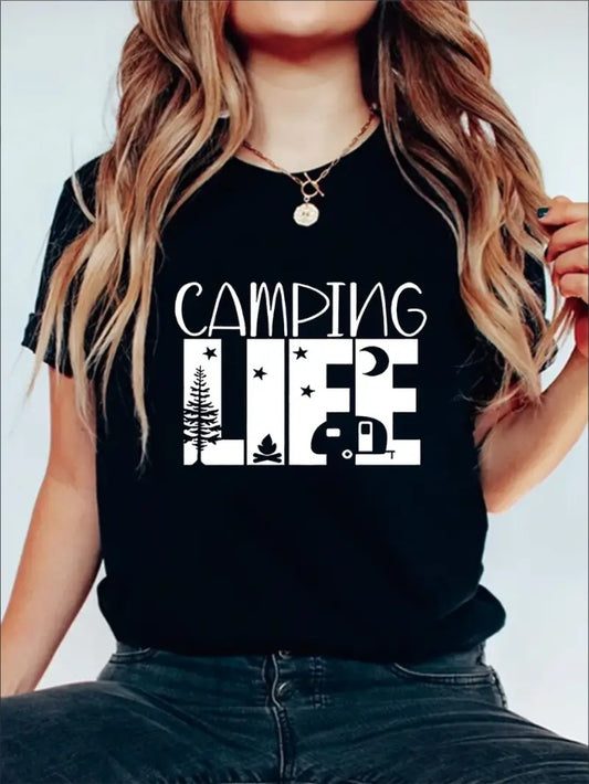 Camping Life Graphic Tee – Women's Casual Crew Neck Short Sleeve Shirt