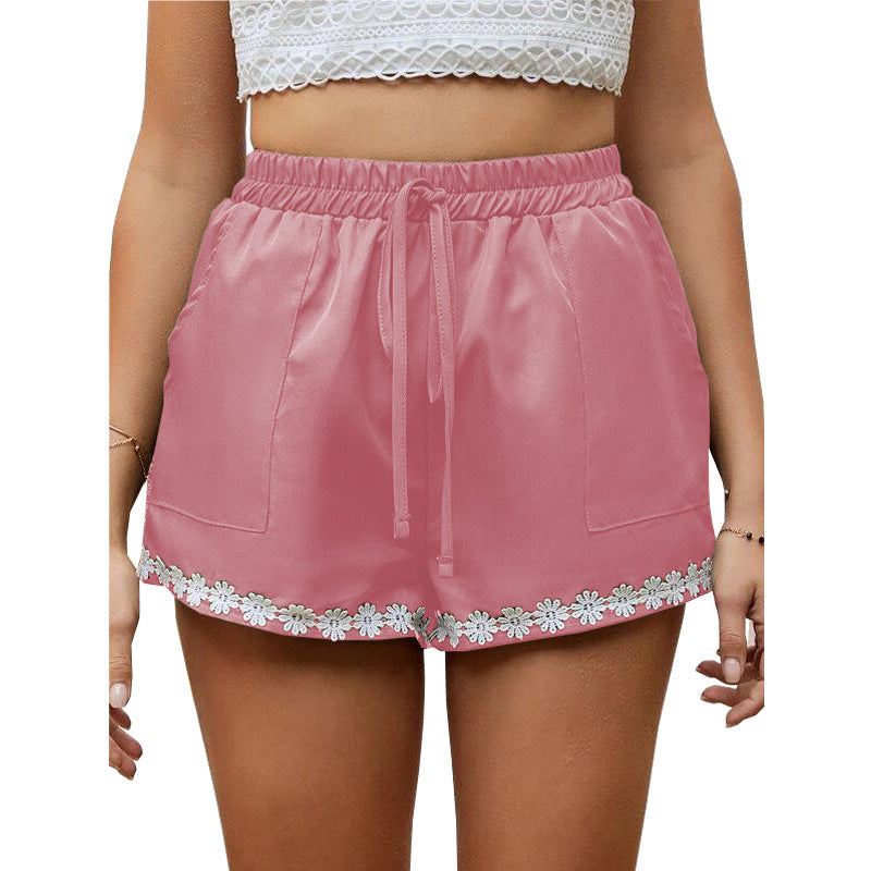 Women’s Lace Trim Loose Hot Pants – Elastic Waist & Tie Closure