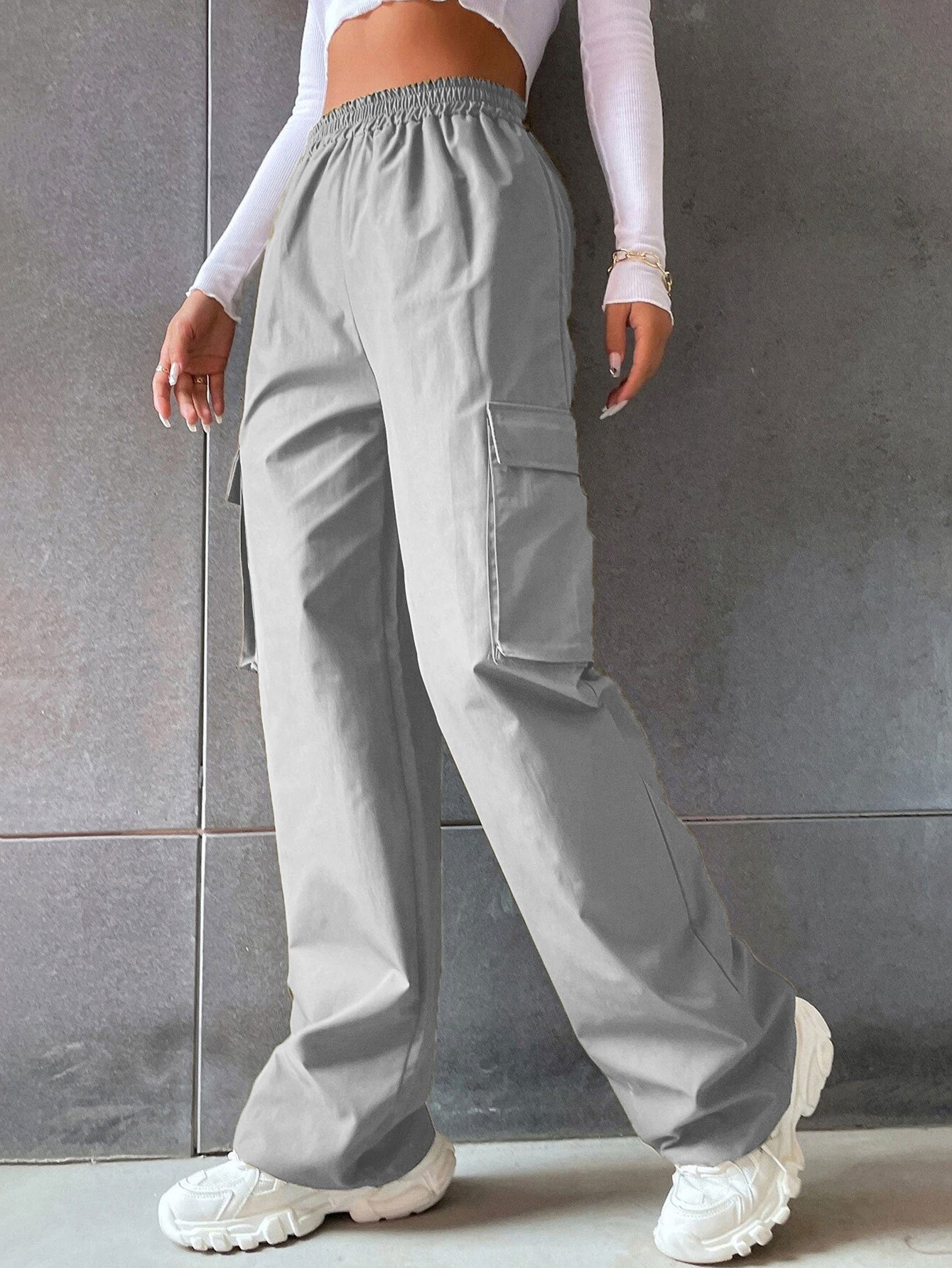 Women's High-Waist Utility Pocket Workwear Pants – Solid Color