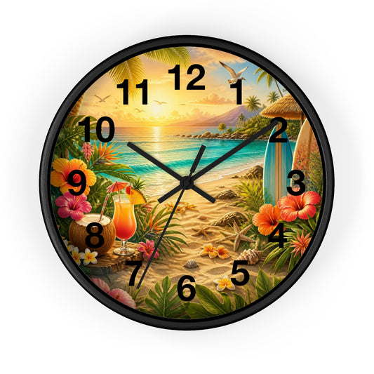 Tropical Beach Wall Clock — Sunset Surf & Hibiscus Clock