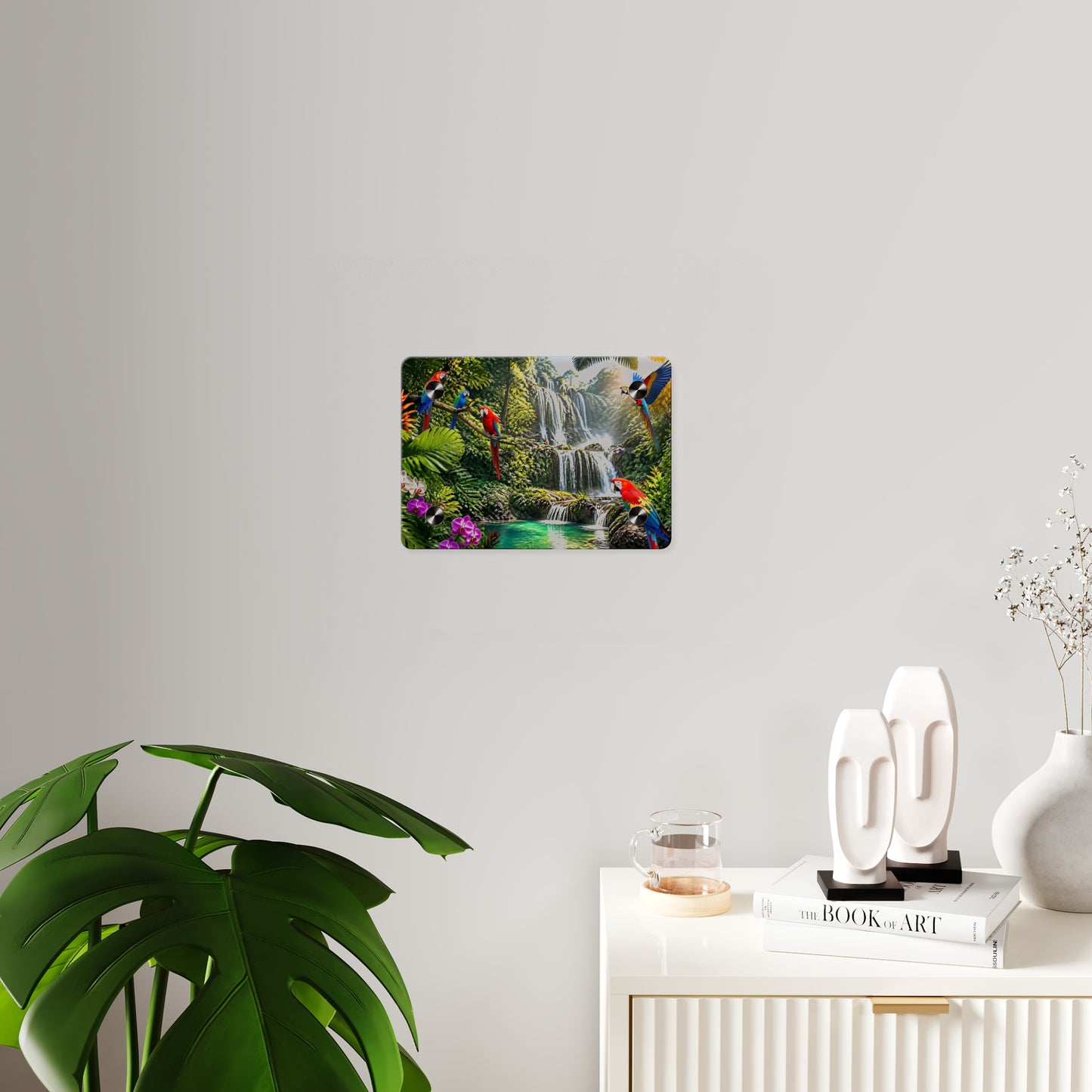 Tropical Waterfall Acrylic Wall Art Panel — Parrots & Jungle Oasis