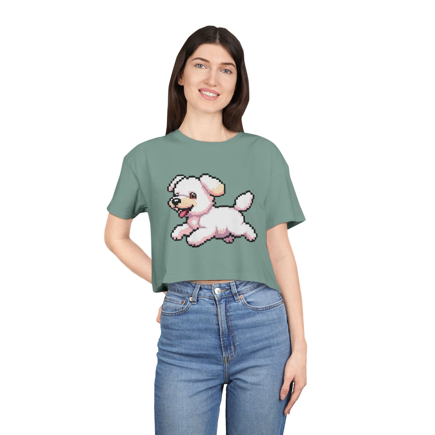 Playful Retro Dog Women's Crop Tee, Cute Animal Top, Summer Shirt, Gift for Dog Lovers, Casual Style, Beachwear
