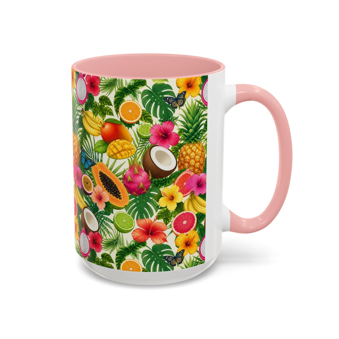 Tropical Fruit Coffee Mug — Colorful Pineapple & Hibiscus Accent Ceramic Mug (11/15oz)