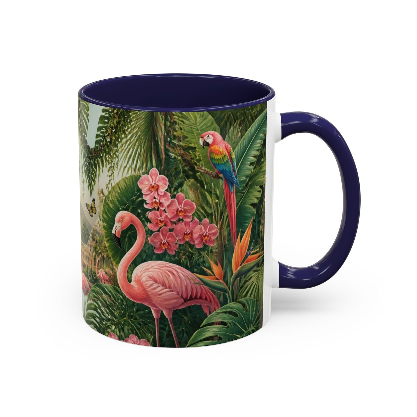 Tropical Flamingo Accent Mug — Colorful Parrot & Palm Coffee Cup