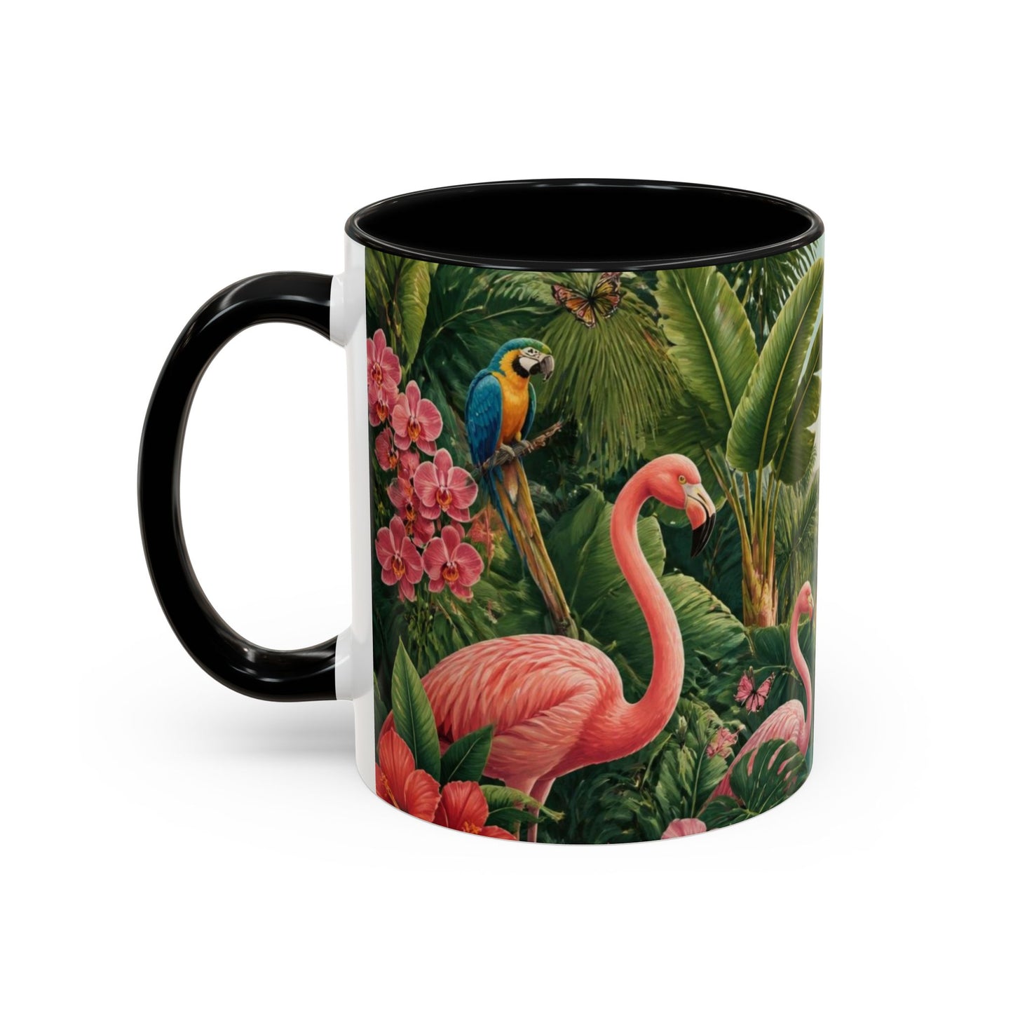 Tropical Flamingo Accent Mug — Colorful Parrot & Palm Coffee Cup