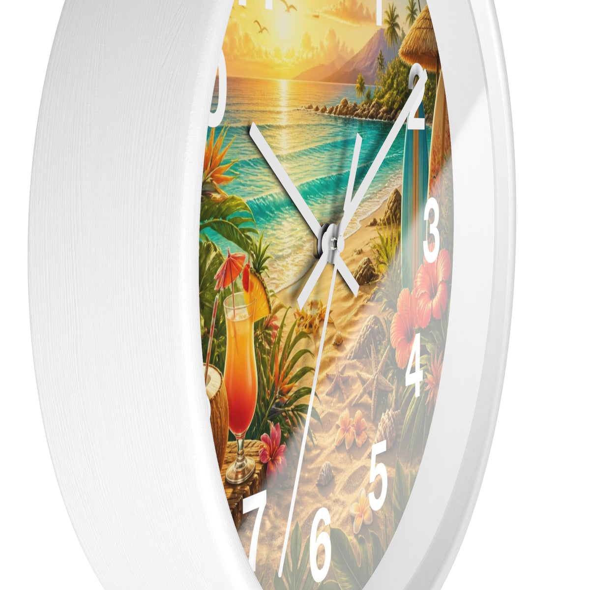 Tropical Beach Wall Clock — Sunset Surf & Hibiscus Clock