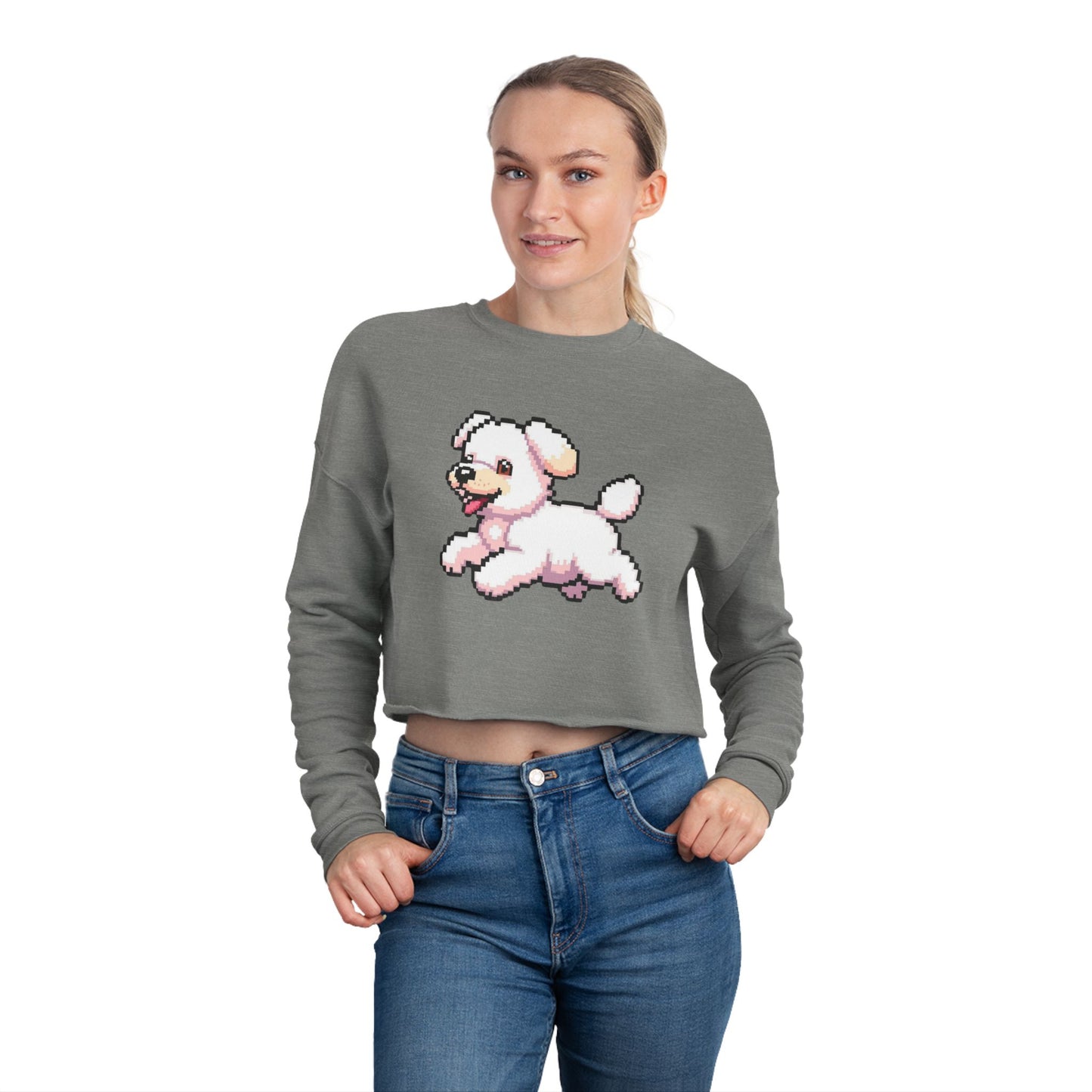 Playful Puppy Women's Cropped Sweatshirt, Cute Dog Sweatshirt, Pet Lover Gift, Casual Chic Top, Spring Fashion, Animal Lover Apparel