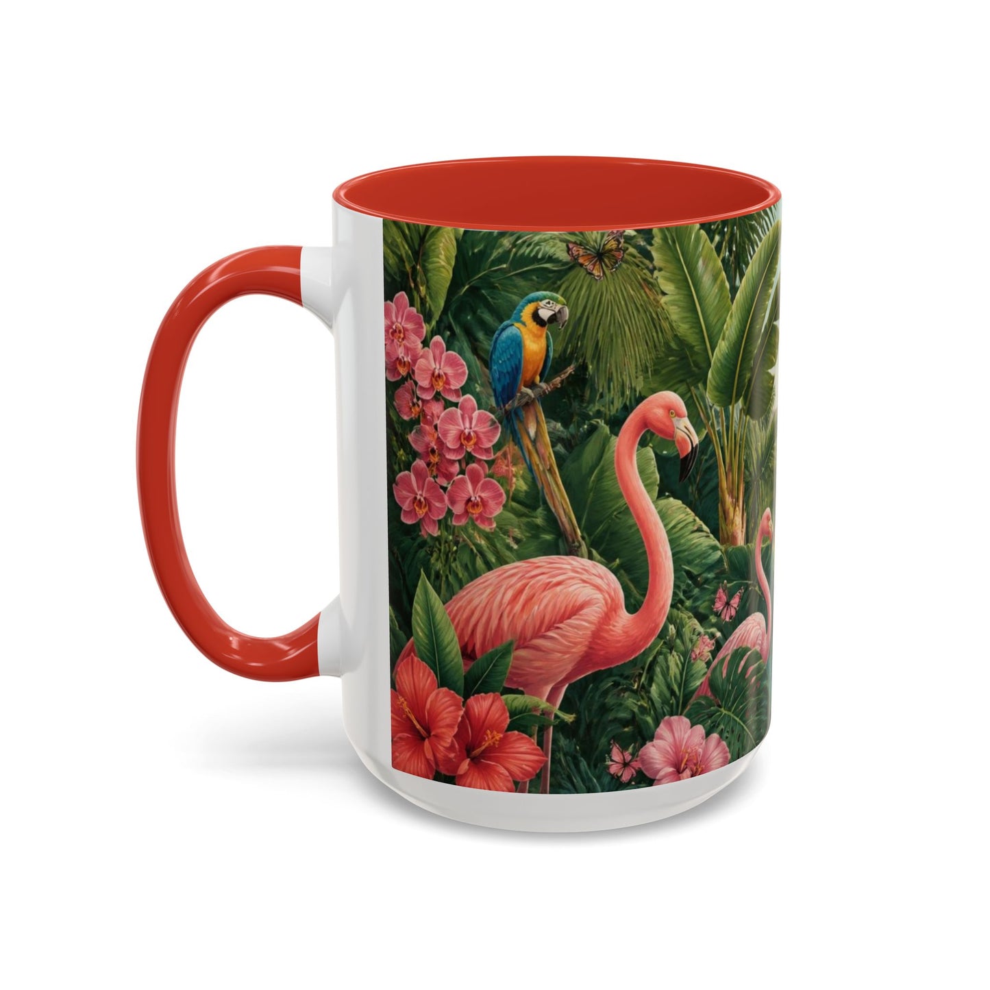 Tropical Flamingo Accent Mug — Colorful Parrot & Palm Coffee Cup