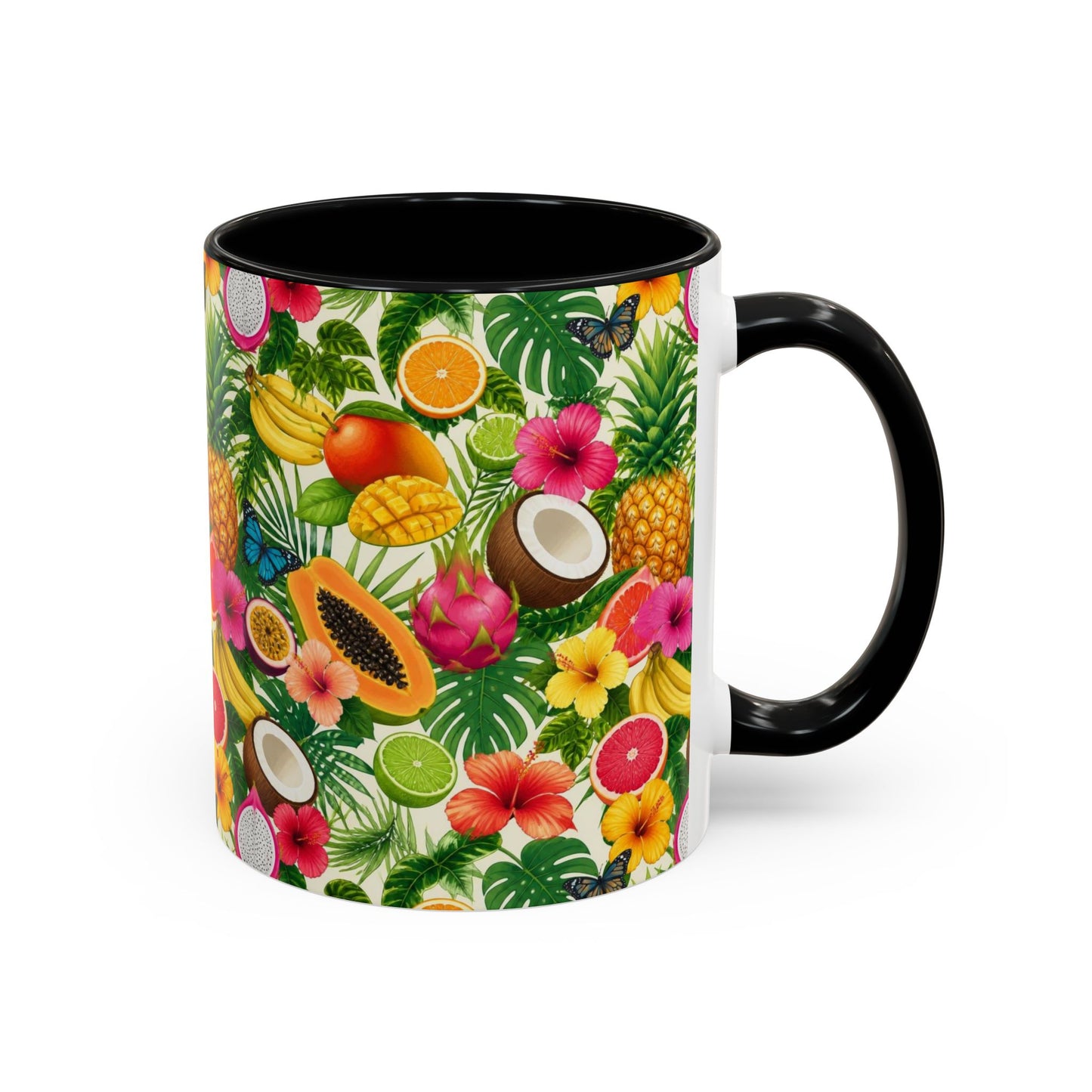 Tropical Fruit Coffee Mug — Colorful Pineapple & Hibiscus Accent Ceramic Mug (11/15oz)