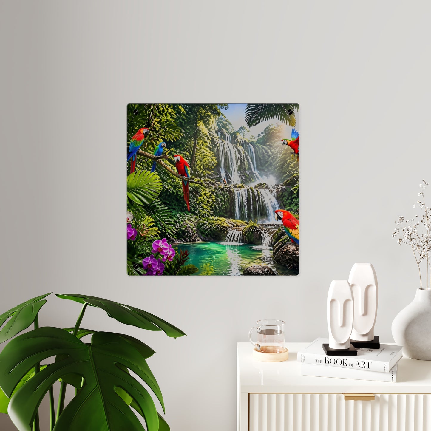 Tropical Waterfall Acrylic Wall Art Panel — Parrots & Jungle Oasis