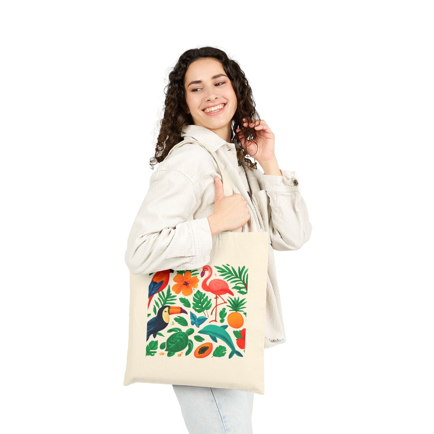 Tote Bag — Tropical Birds Canvas Tote (Flamingo, Toucan & Parrot Print)