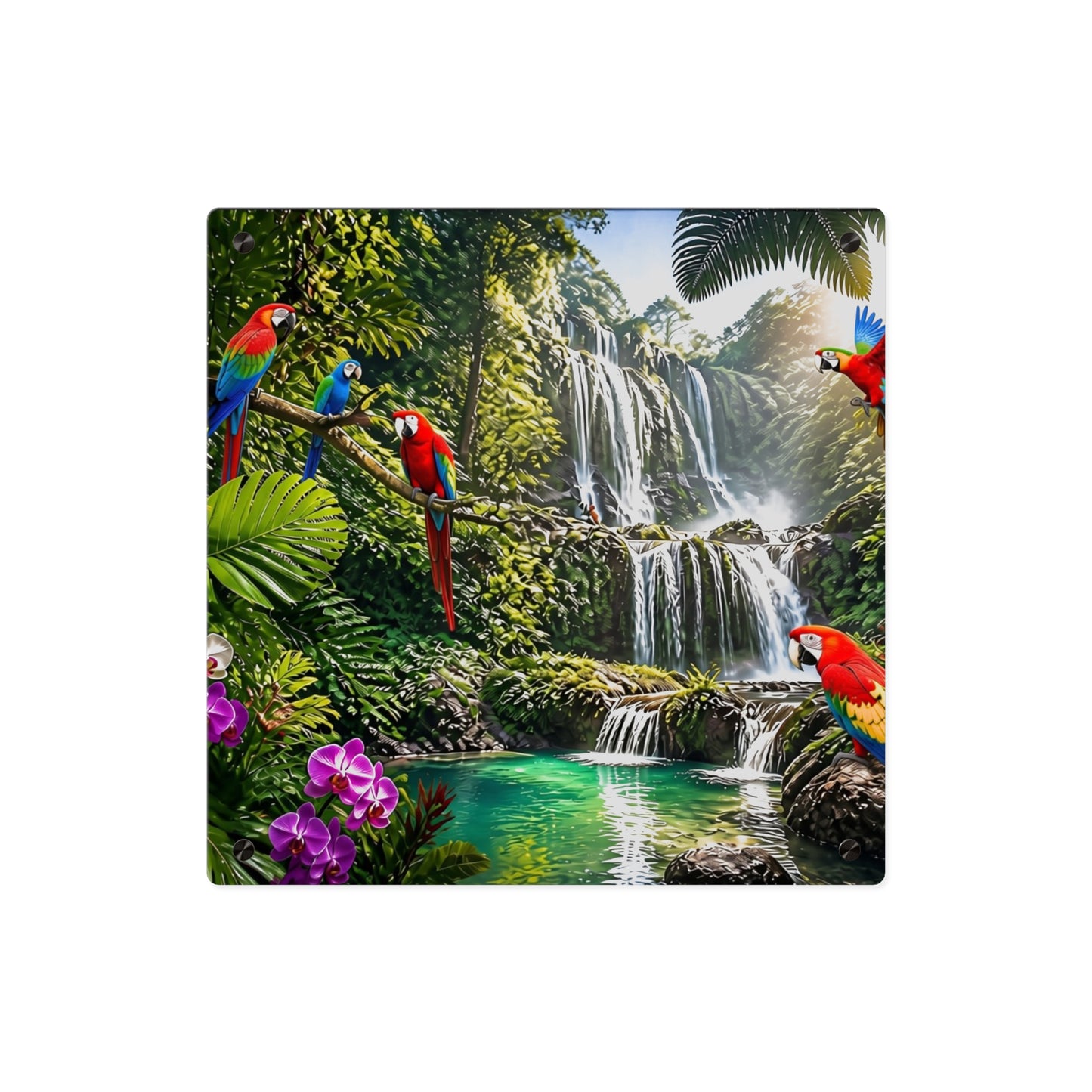Tropical Waterfall Acrylic Wall Art Panel — Parrots & Jungle Oasis