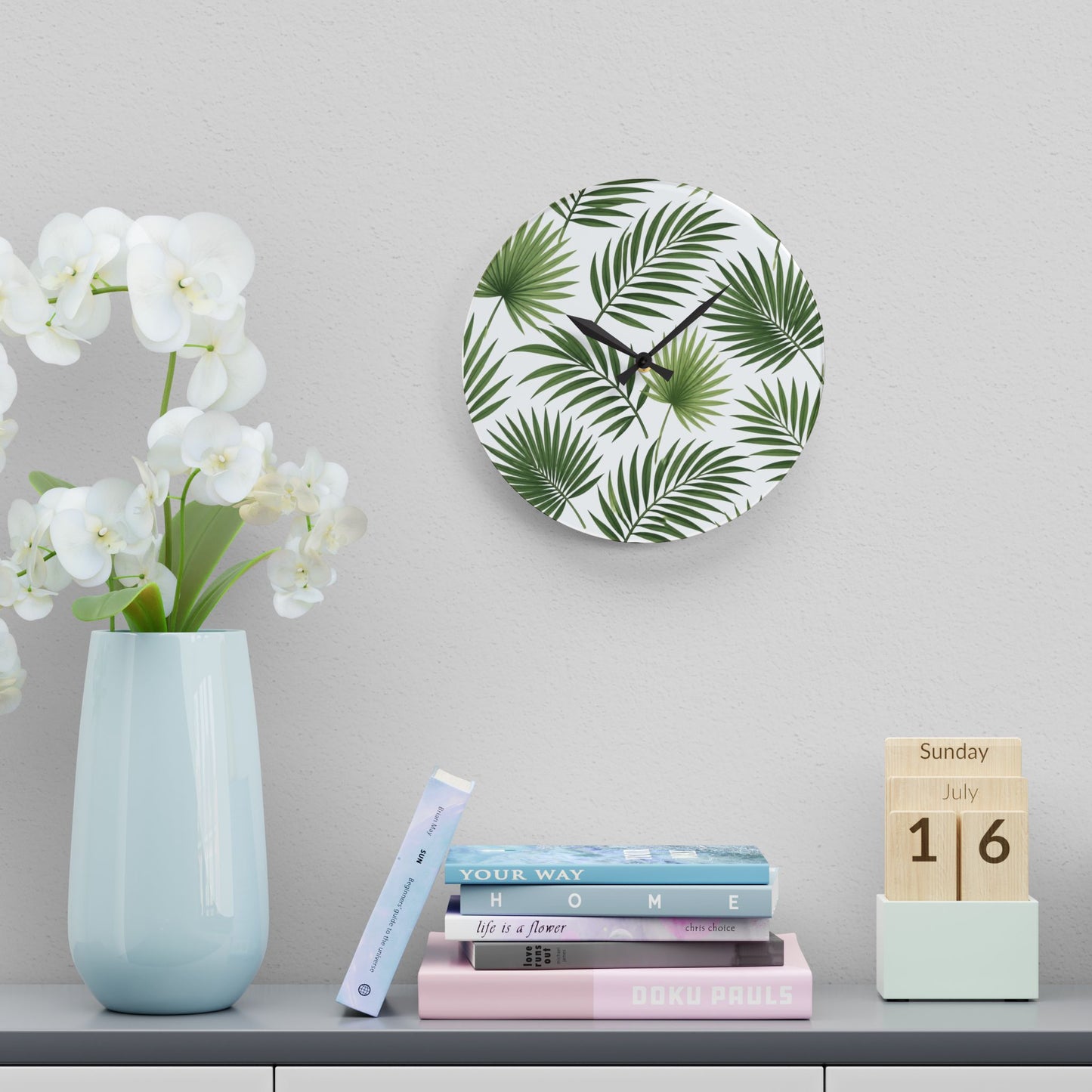 Tropical Palm Leaf Acrylic Wall Clock — Botanical Green Home Decor