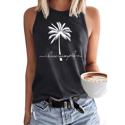 Women’s Sleeveless Coconut Tree Graphic Tee – Casual Summer Vest