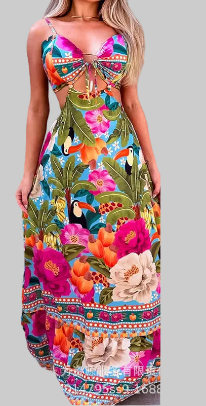 Women's Tropical Floral Halter Cut-Out Midi Dress | Summer Vacation Beach Outfit