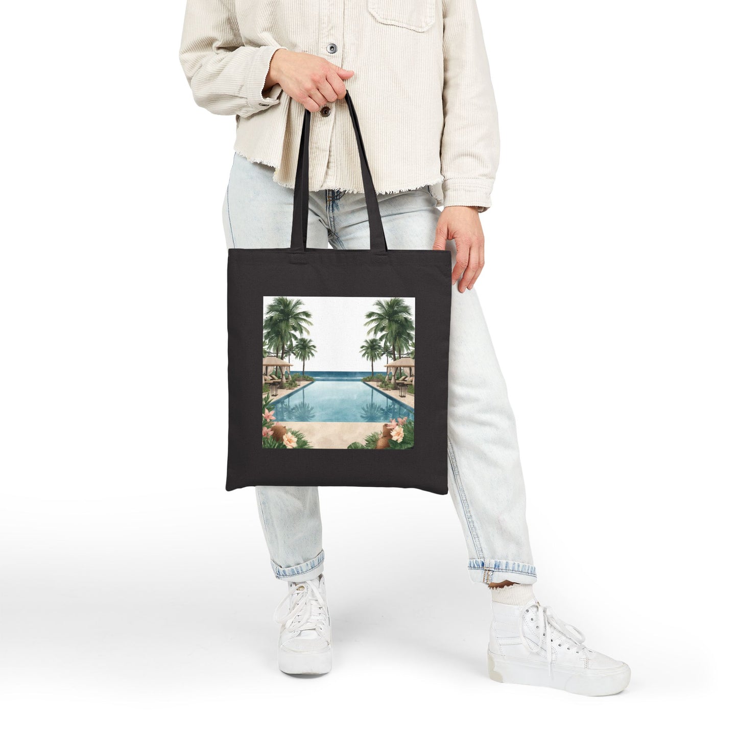 Tote Bag — Vintage Tropical Pool Canvas Tote (Palm Trees & Hibiscus)