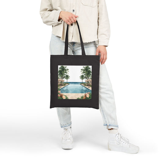 Tote Bag — Vintage Tropical Pool Canvas Tote (Palm Trees & Hibiscus)