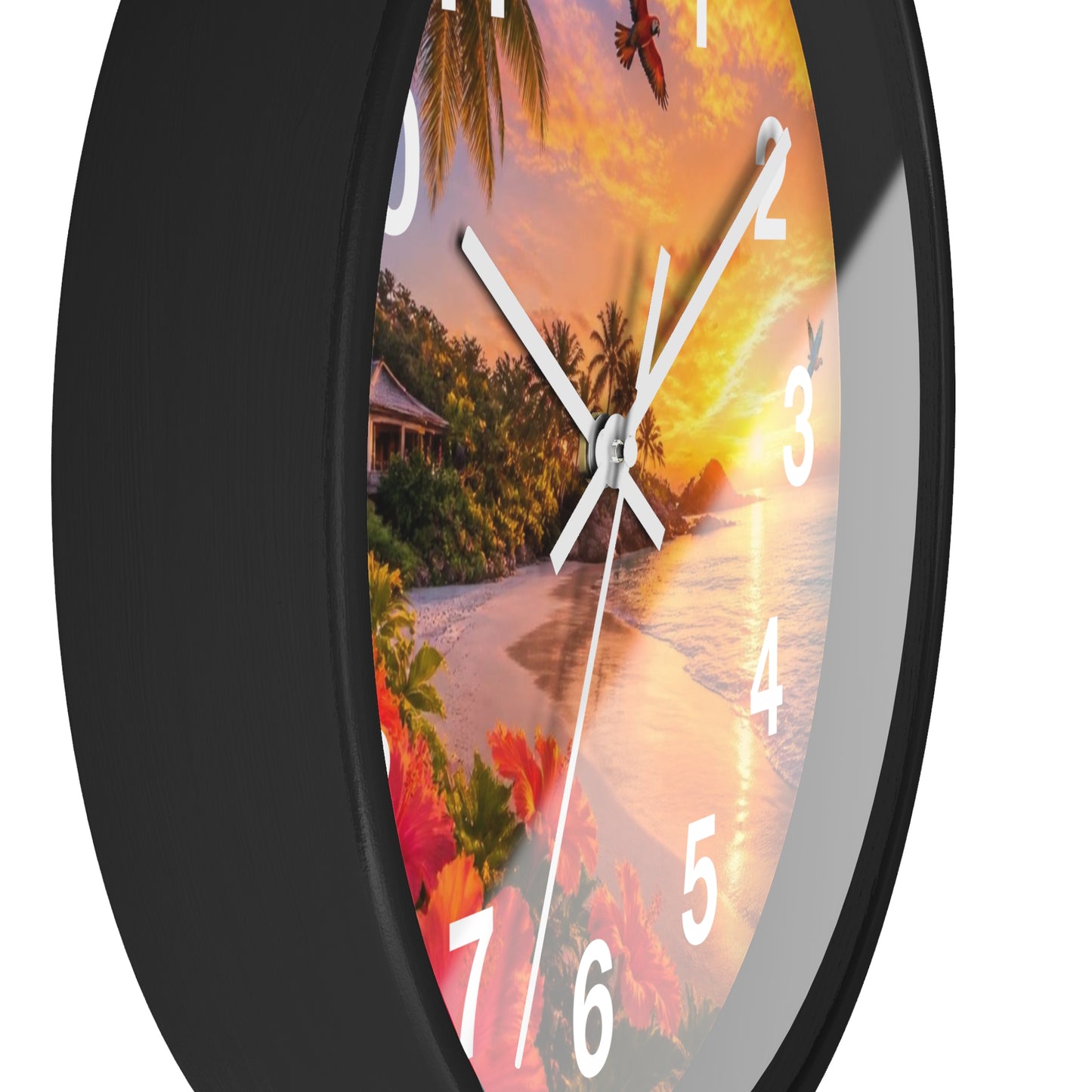 Tropical Sunset Wall Clock — Beachscape Clock with Hibiscus & Palm Design
