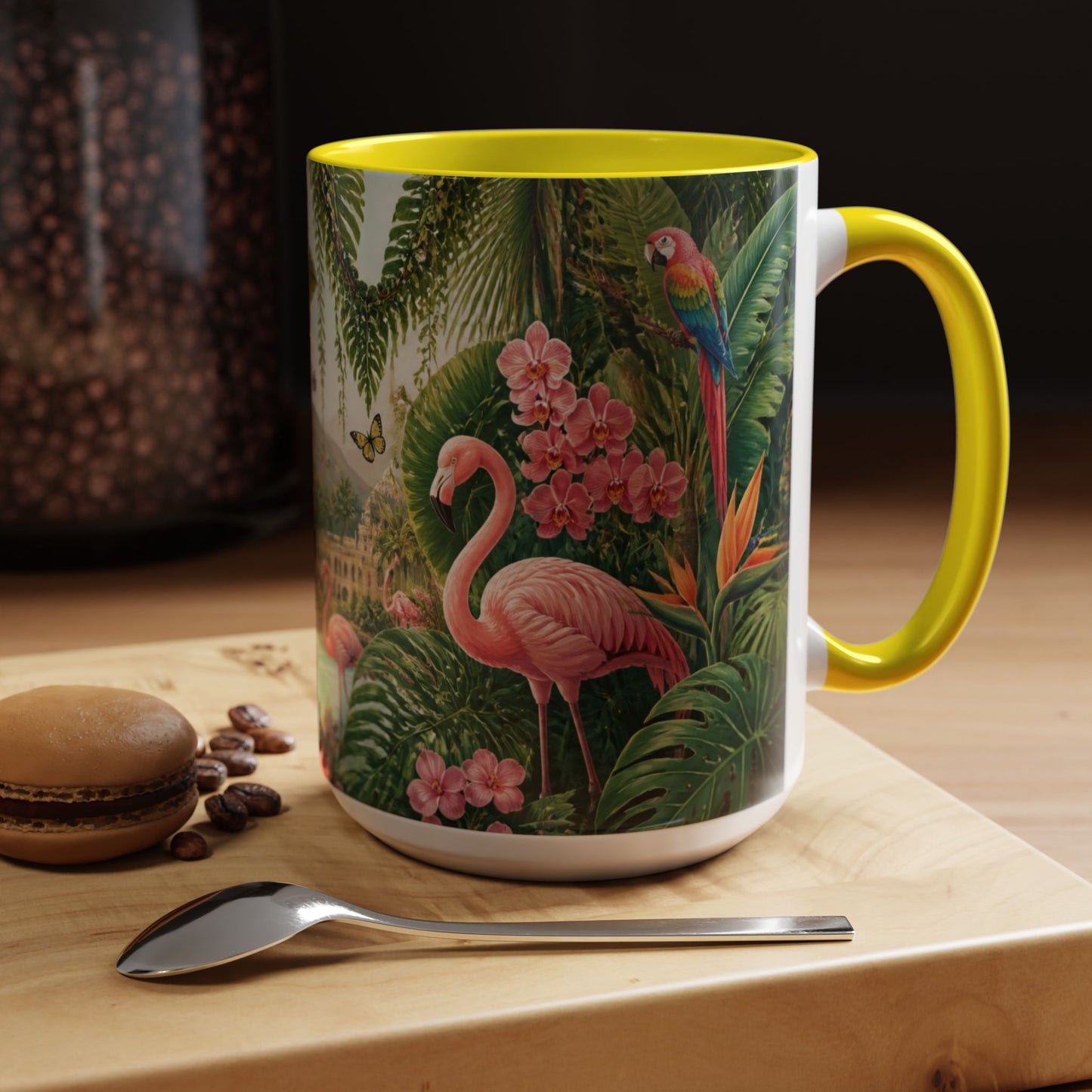 Tropical Flamingo Accent Mug — Colorful Parrot & Palm Coffee Cup