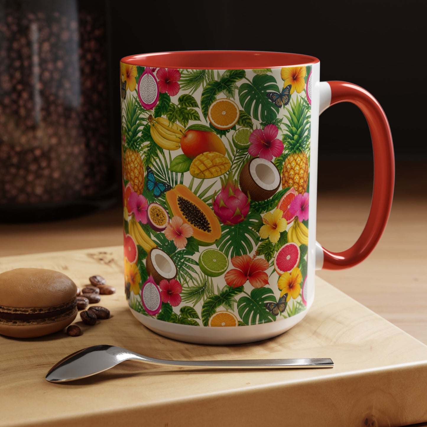 Tropical Fruit Coffee Mug — Colorful Pineapple & Hibiscus Accent Ceramic Mug (11/15oz)