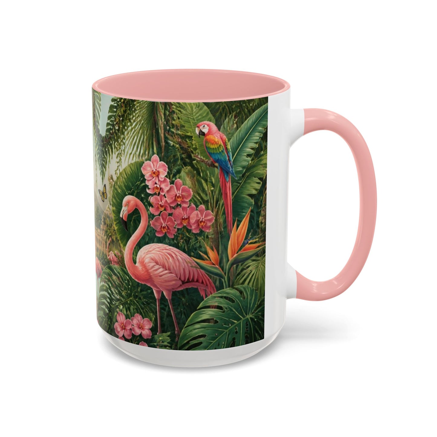Tropical Flamingo Accent Mug — Colorful Parrot & Palm Coffee Cup