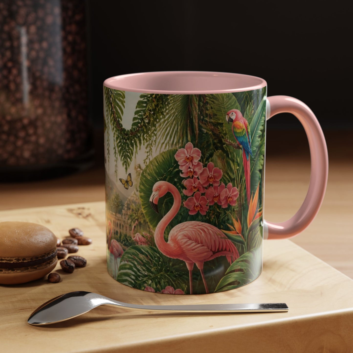 Tropical Flamingo Accent Mug — Colorful Parrot & Palm Coffee Cup