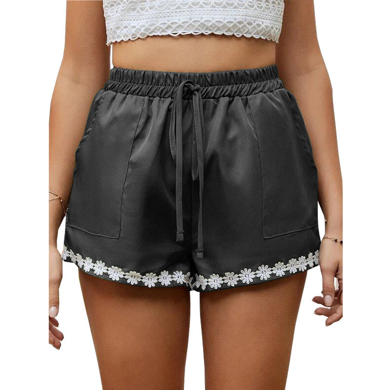 Women’s Lace Trim Loose Hot Pants – Elastic Waist & Tie Closure