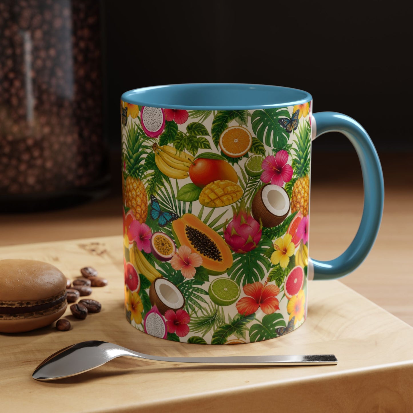 Tropical Fruit Coffee Mug — Colorful Pineapple & Hibiscus Accent Ceramic Mug (11/15oz)