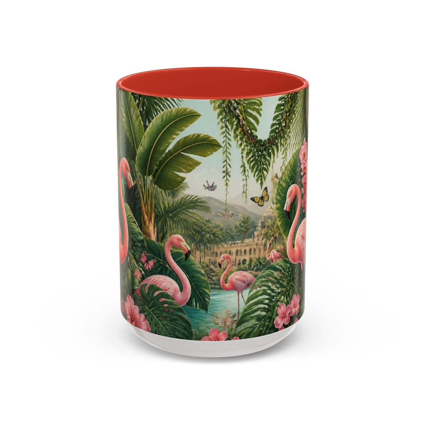 Tropical Flamingo Accent Mug — Colorful Parrot & Palm Coffee Cup