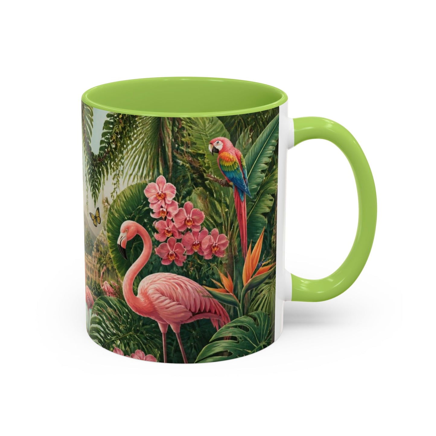 Tropical Flamingo Accent Mug — Colorful Parrot & Palm Coffee Cup