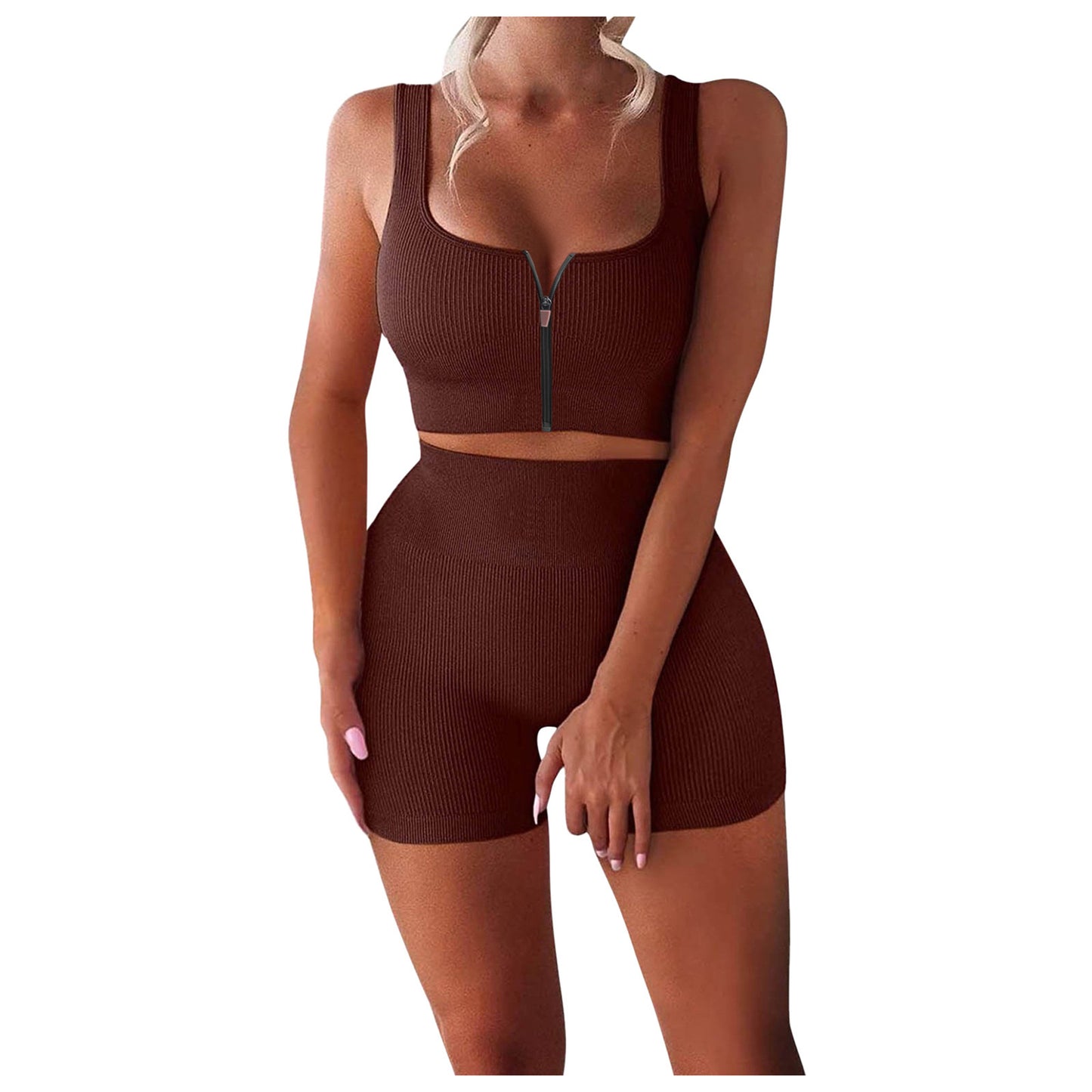 Women’s Ribbed Zipper Yoga Set – 2-Piece Tank & High Waist Shorts
