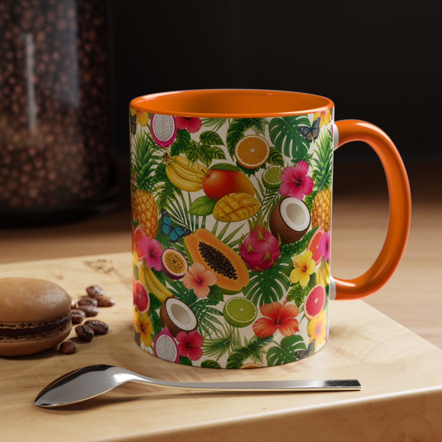 Tropical Fruit Coffee Mug — Colorful Pineapple & Hibiscus Accent Ceramic Mug (11/15oz)