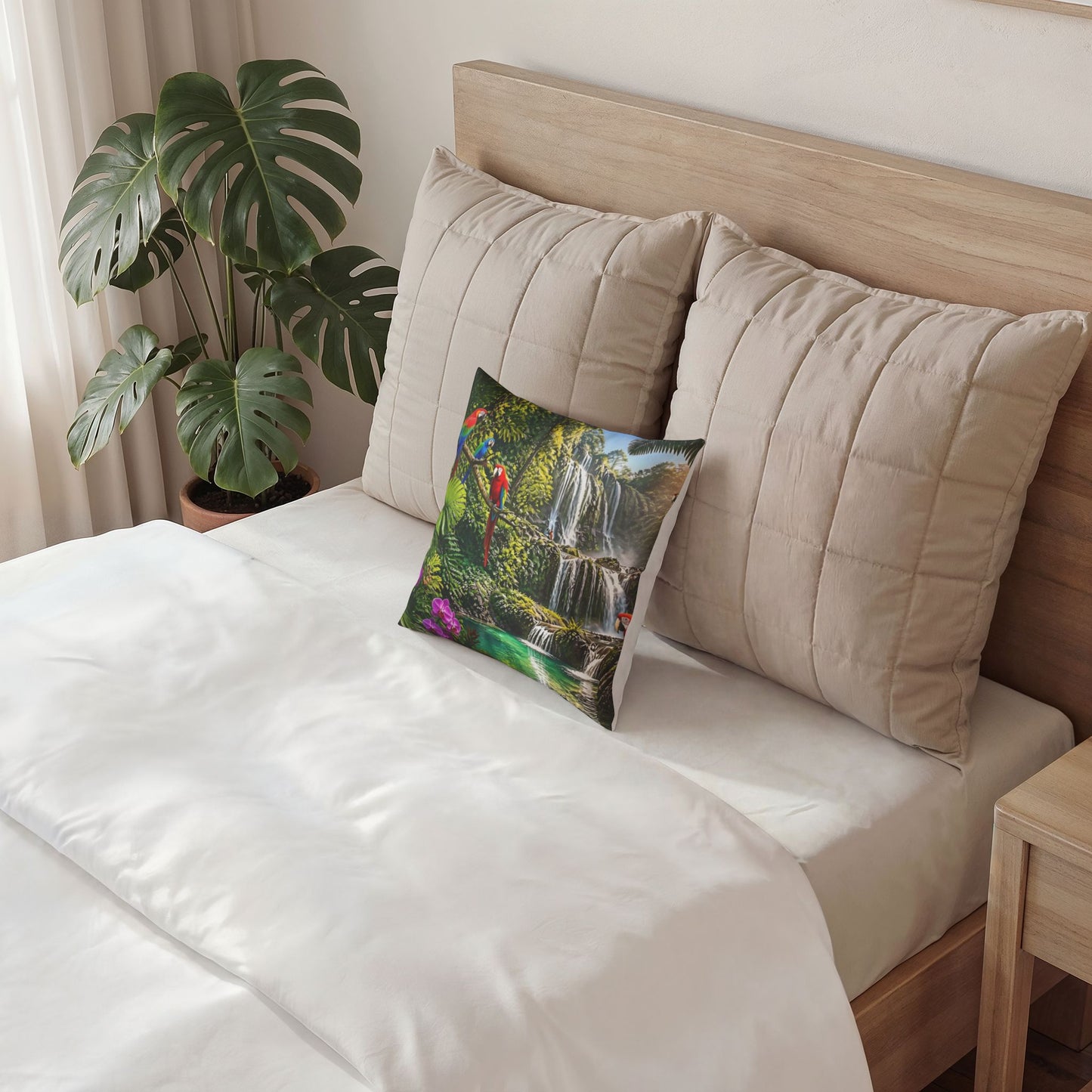Tropical Waterfall Pillow - Velvet Parrot Paradise Throw Pillow