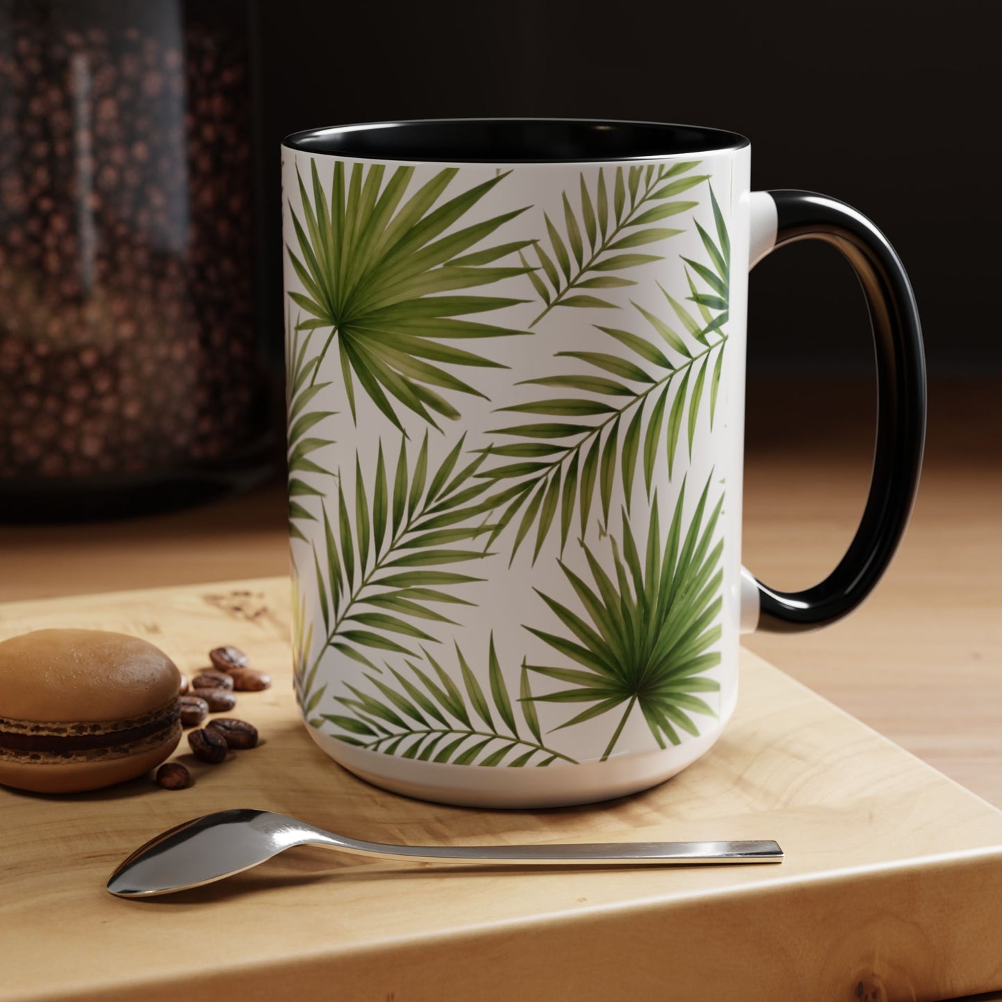 Tropical Palm Accent Coffee Mug – Green Leaf Pattern, 11/15oz