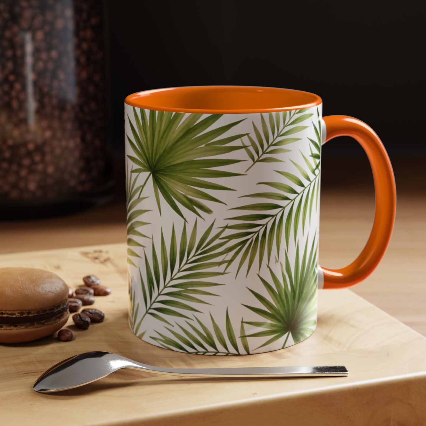 Tropical Palm Accent Coffee Mug – Green Leaf Pattern, 11/15oz