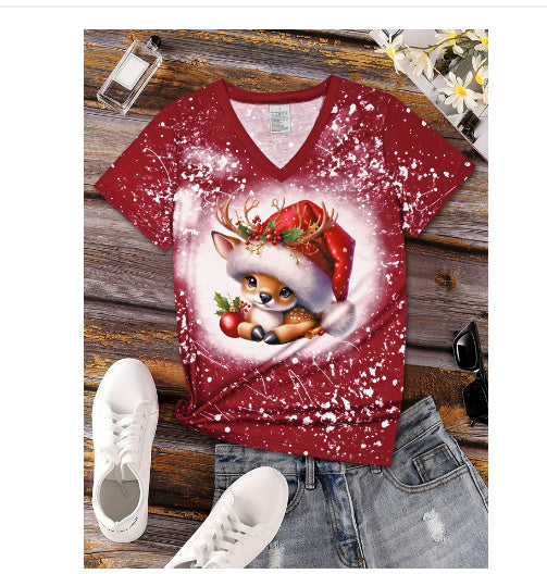 Christmas Reindeer Cartoon Printed Top – Festive Women’s Holiday Tee
